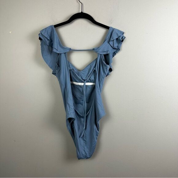 BEECA by Rebecca Virtue steel blue tiered ruffle off the shoulder swimsuit - Picture 6 of 8